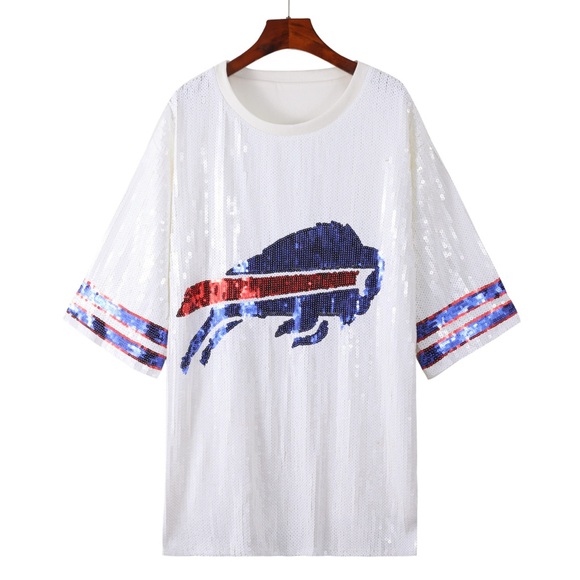Sale‼️Buffalo Bills sequin dress. White Sequin T-Shirt with Blue and Red Buffalo - Picture 8 of 11